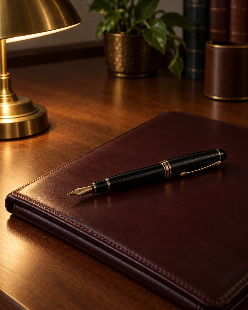 Pluma estilográfica sobre una carpeta de cuero cerrada en un escritorio de madera